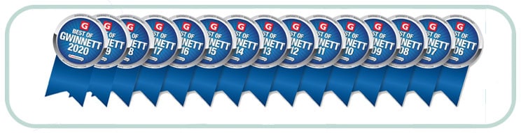 row of 15 Best of Gwinnett blue ribbons